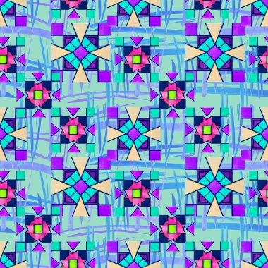 Parlak geometrik elementlere sahip soyut, kusursuz desen. Her türlü tasarım için mozaik renkli doku. Çağdaş sanat. Moda tarzı.