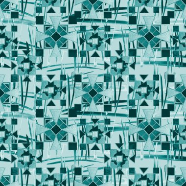 Parlak geometrik elementlere sahip soyut, kusursuz desen. Herhangi bir tasarım için mozaik monokrom dokusu. Çağdaş sanat. Moda tarzı.