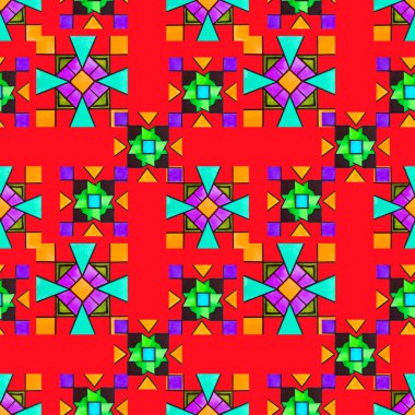 Parlak geometrik elementlere sahip soyut, kusursuz desen. Her türlü tasarım için mozaik renkli doku. Çağdaş sanat. Moda tarzı.