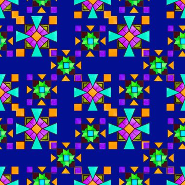 Parlak geometrik elementlere sahip soyut, kusursuz desen. Her türlü tasarım için mozaik renkli doku. Çağdaş sanat. Moda tarzı.