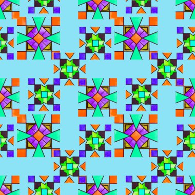 Parlak geometrik elementlere sahip soyut, kusursuz desen. Her türlü tasarım için mozaik renkli doku. Çağdaş sanat. Moda tarzı.