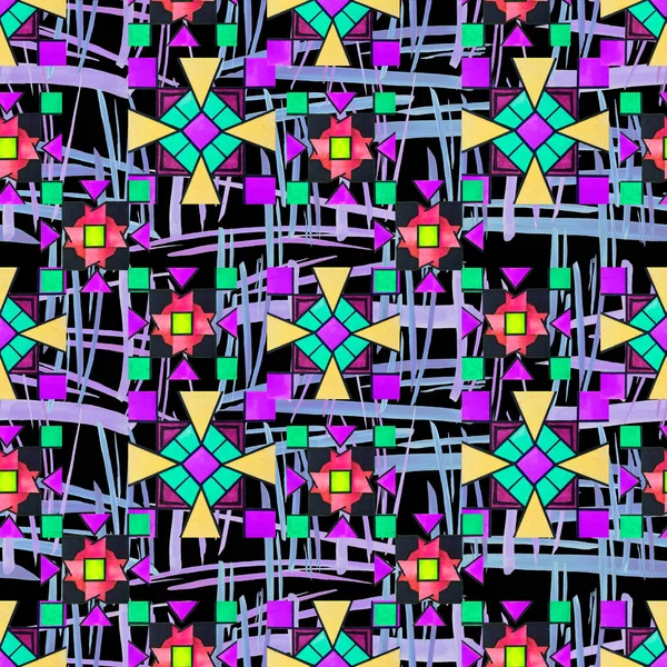 Abstrakcyjny Kreatywny Bezszwowy Wzór Jasnymi Elementami Geometrycznymi Czarno Mozaika Kolorowe — Zdjęcie stockowe