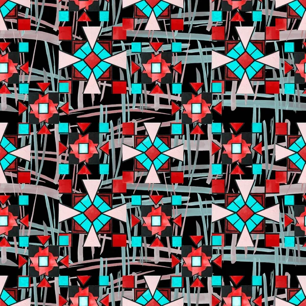 Abstraktes Kreatives Nahtloses Muster Mit Hellen Geometrischen Elementen Auf Schwarz — Stockfoto