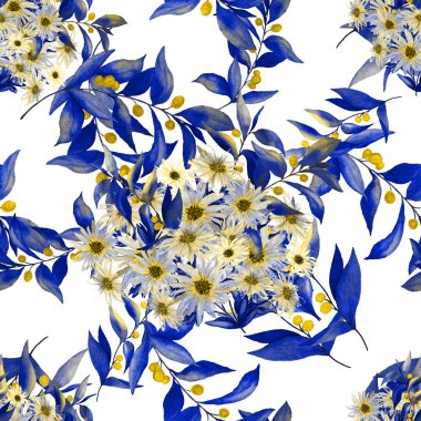 Çiçeksiz desenli, güzel çiçek açan papatyalar ve zeytin dalları. Suluboya çiçek izi. Yaz tebrik kartı. . 