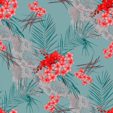 Hawaii çiçeksiz desenli suluboya palmiye yaprakları ve yılan derisi üzerinde tropikal çiçekler. Egzotik Plumeria ve Orkide. Tropik yaz baskısı.