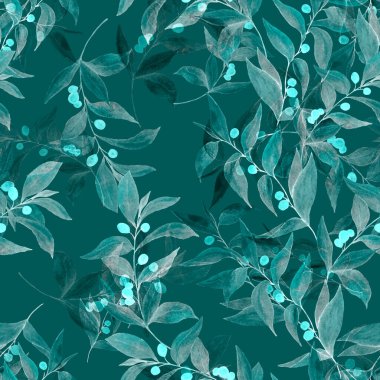 Zeytin dallı, dikişsiz suluboya desen. Herhangi bir amaç için parlak yaz ya da bahar baskısı. Klasik doğal model. Organik arkaplan.