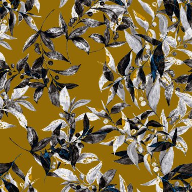 Zeytin dallı, dikişsiz suluboya desen. Herhangi bir amaç için altın yaz ya da bahar baskısı. Klasik doğal model. Organik arkaplan.