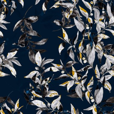 Zeytin dallı, dikişsiz suluboya desen. Herhangi bir amaç için altın yaz ya da bahar baskısı. Klasik doğal model. Organik arkaplan.