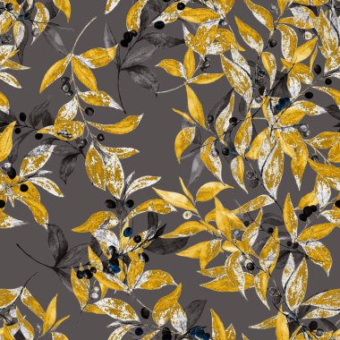 Zeytin dallı, dikişsiz suluboya desen. Herhangi bir amaç için altın yaz ya da bahar baskısı. Klasik doğal model. Organik arkaplan.