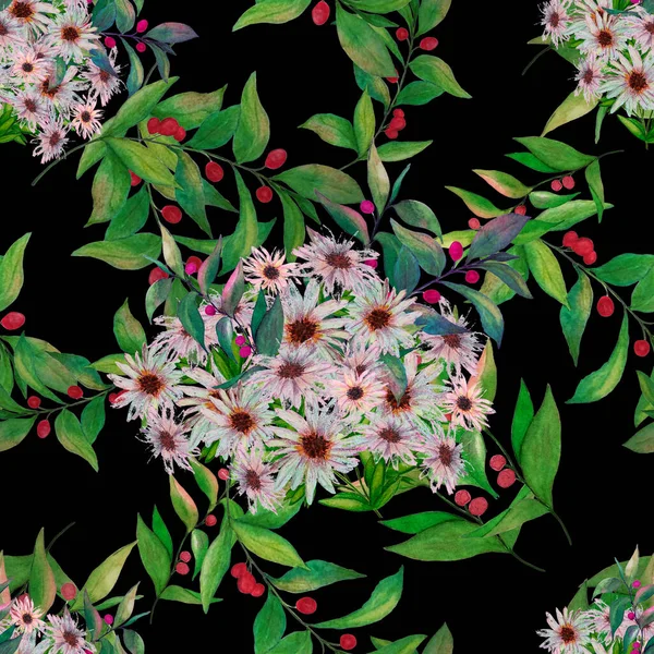 Blommig Sömlös Mönster Med Vackra Blommande Kamomill Och Olivkvistar Akvarell — Stockfoto