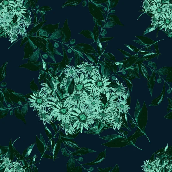 Florales Nahtloses Muster Mit Wunderschönen Blühenden Kamillen Und Olivenzweigen Aquarell — Stockfoto