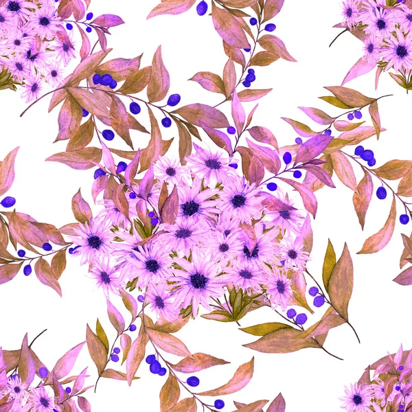 花型无缝图案 花朵艳丽 迷迭香和橄榄枝繁茂 水彩画 夏季贺卡 — 图库照片