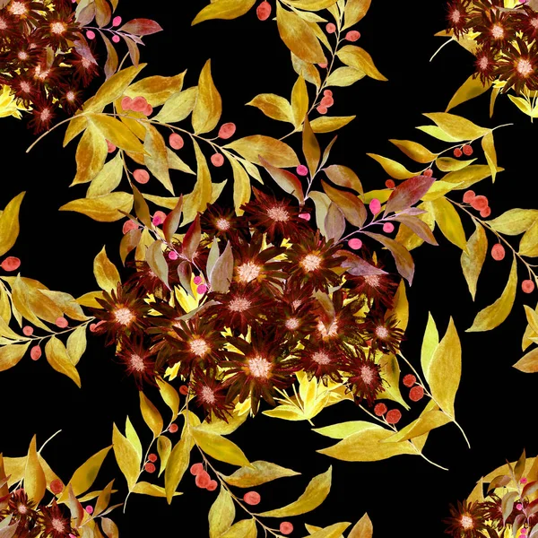 Florales Nahtloses Muster Mit Wunderschönen Blühenden Kamillen Und Olivenzweigen Aquarell — Stockfoto