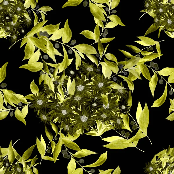 Květinový Bezešvý Vzor Krásnými Kvetoucími Heřmánky Olivovými Ratolestmi Otisk Akvarelu — Stock fotografie