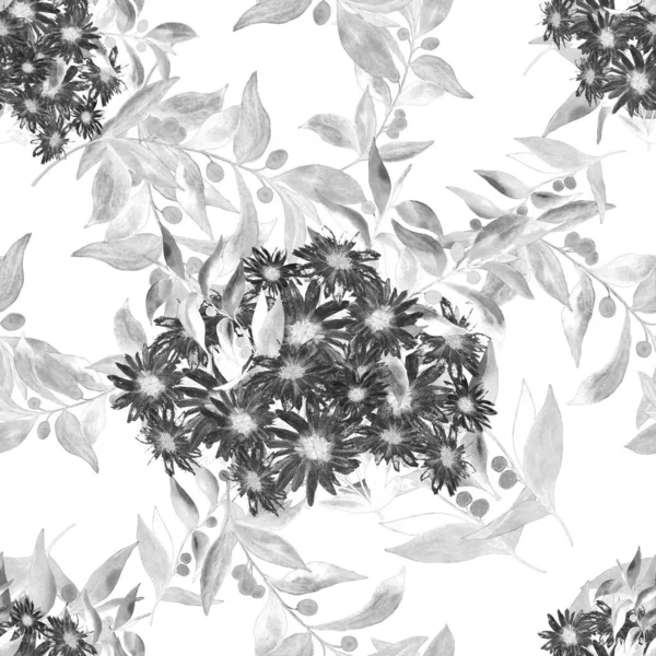 花型无缝图案 花朵艳丽 迷迭香和橄榄枝繁茂 水彩画 夏季贺卡 — 图库照片