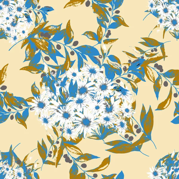 Blommig Sömlös Mönster Med Vackra Blommande Kamomill Och Olivkvistar Akvarell — Stockfoto