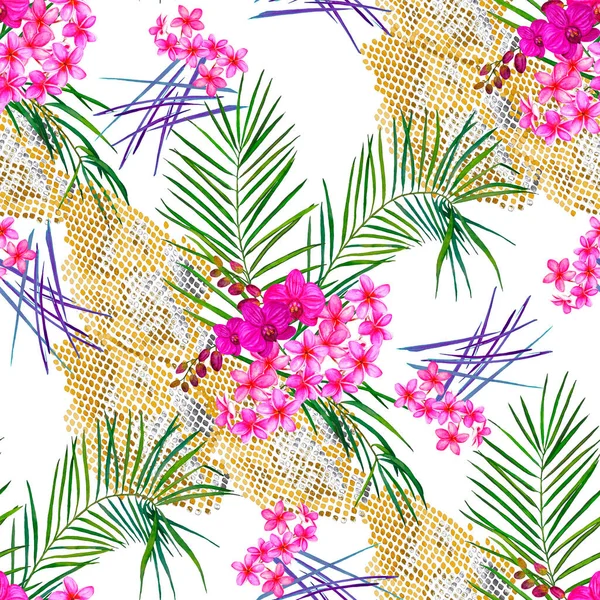 Гавайский Бесшовный Цветочный Узор Акварельными Пальмовыми Листьями Тропическими Цветами Змеиной — стоковое фото