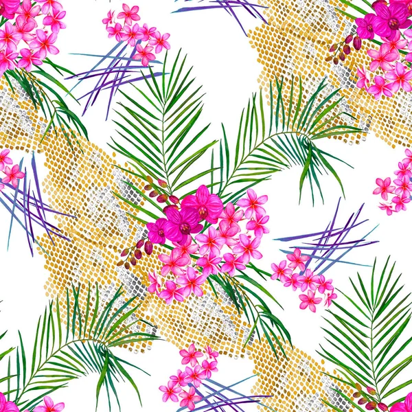 Hawaiian floral seamless pattern with watercolor palm leaves and tropical flowers on snake skin. Exotic Plumeria and Orchid. Tropical summer print.
