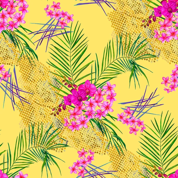 Hawaiian Floral Seamless Pattern Watercolor Palm Leaves Tropical Flowers Snake — Stock Photo, Image