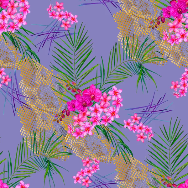 Hawaiian floral seamless pattern with watercolor palm leaves and tropical flowers on snake skin. Exotic Plumeria and Orchid. Tropical summer print.