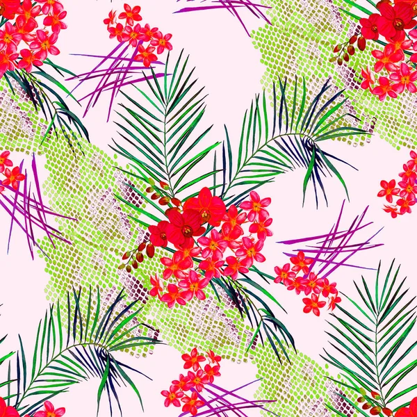 Padrão Sem Costura Floral Havaiano Com Folhas Palmeira Aquarela Flores — Fotografia de Stock
