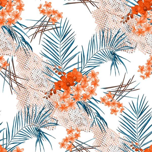 Hawaii çiçeksiz desenli suluboya palmiye yaprakları ve yılan derisi üzerinde tropikal çiçekler. Egzotik Plumeria ve Orkide. Tropik yaz baskısı.