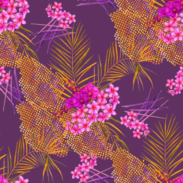 夏威夷植物无缝图案 有水彩艳丽的棕榈叶和蛇皮上的热带花朵 异国多花和兰花 热带夏季印刷品 — 图库照片