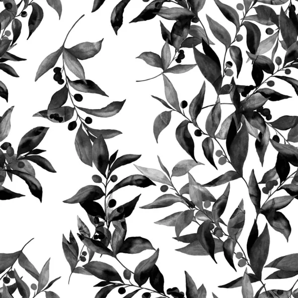 Watercolor seamless pattern with olive branches. Monochrome summer or spring print for any purposes. Vintage natural pattern. Organic background.