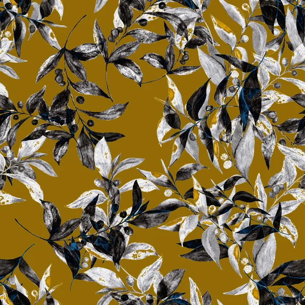 Υδατογραφία Χωρίς Ραφή Μοτίβο Κλαδιά Ελιάς Χρυσό Καλοκαιρινό Ανοιξιάτικο Τύπωμα — Φωτογραφία Αρχείου