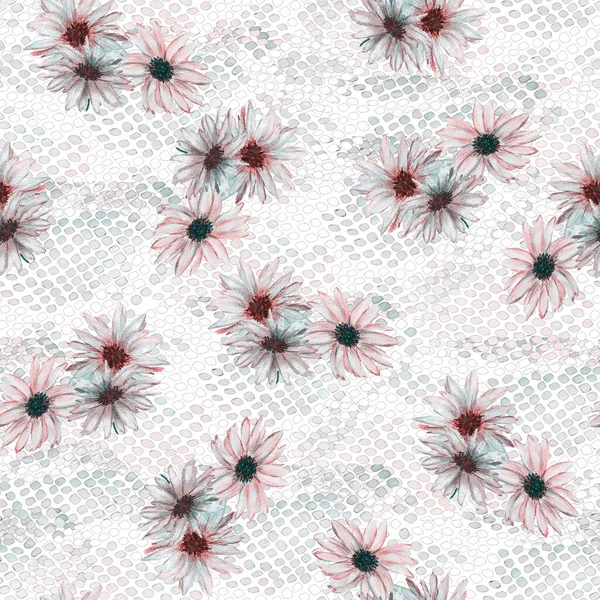 Blommig Sömlös Mönster Med Vackra Blommande Kamomill Python Hud Akvarell — Stockfoto