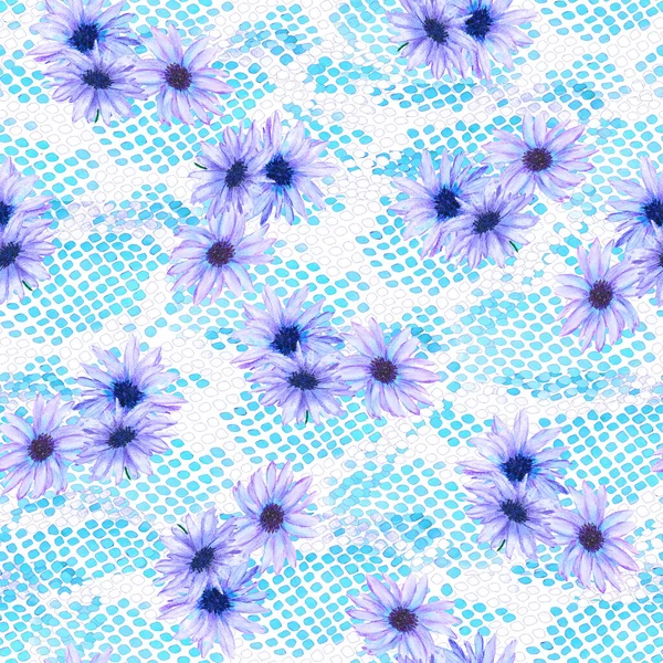 Bloemen Naadloos Patroon Met Mooie Bloeiende Kamille Python Huid Aquarelbloemenprint — Stockfoto