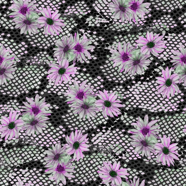 Bloemen Naadloos Patroon Met Mooie Bloeiende Kamille Python Huid Aquarelbloemenprint — Stockfoto