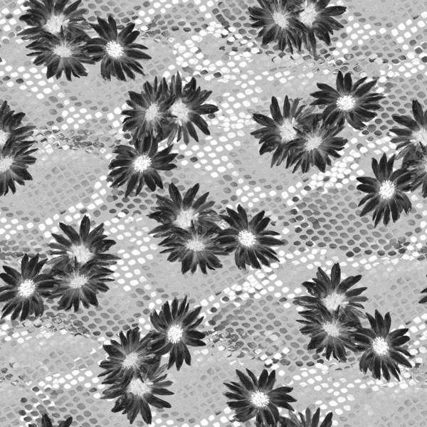 Floral seamless monochrome pattern with beautiful blooming camomiles on python skin. Watercolor flower print. Summer natural texture .