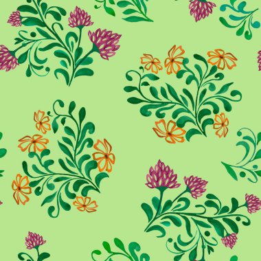 Suluboya çiçekleri ile soyut, dikişsiz desen. Tekstil ya da herhangi bir yüzey tasarımı için güzel bir kırsal baskı.