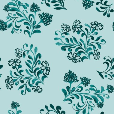 Suluboya çiçekleri ile soyut, dikişsiz desen. Yüzey tasarımı için güzel tek renkli baskı.