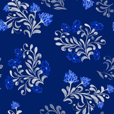 Suluboya çiçekleri ile soyut, dikişsiz desen. Yüzey tasarımı için güzel tek renkli baskı.