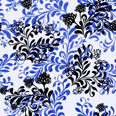 Suluboya çiçekleri ile soyut, dikişsiz desen. Yüzey tasarımı için güzel tek renkli baskı.