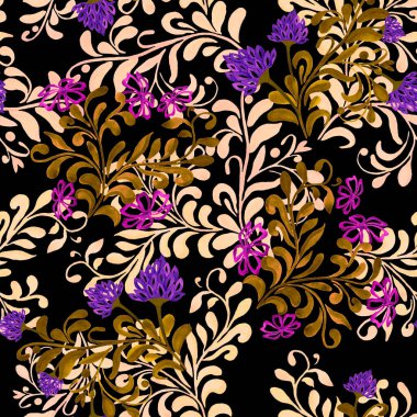 Siyah renkte suluboya çiçekleri olan soyut, dikişsiz desenler. Yüzey tasarımı için güzel kırsal baskı.