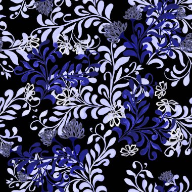 Siyah renkte suluboya çiçekleri olan soyut, dikişsiz desenler. Yüzey tasarımı için güzel kırsal baskı.