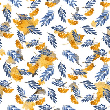 Rowan dalıyla ve düşen yapraklarla suluboya desenli. Güzel sonbahar baskısı.