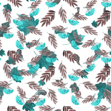 Rowan dalıyla ve düşen yapraklarla suluboya desenli. Güzel sonbahar baskısı.