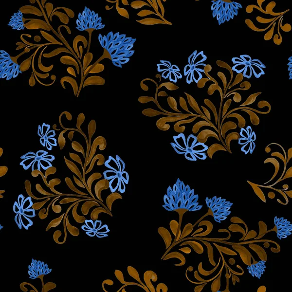 Абстрактний Квітковий Безшовний Візерунок Квітами Акварельного Контуру Чорному Красивий Сільський — стокове фото