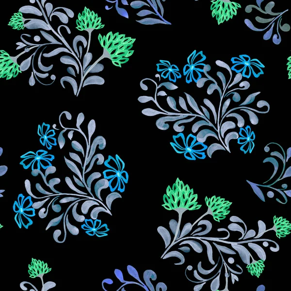 Abstracte Bloemloze Naadloze Patroon Met Aquarel Contour Bloemen Zwart Mooie — Stockfoto