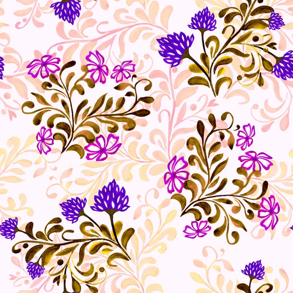 Kwiatowy Bezszwowy Wzór Akwarelowymi Kwiatami Konturu Rustykalny Wzór Projektowania Surfase — Zdjęcie stockowe