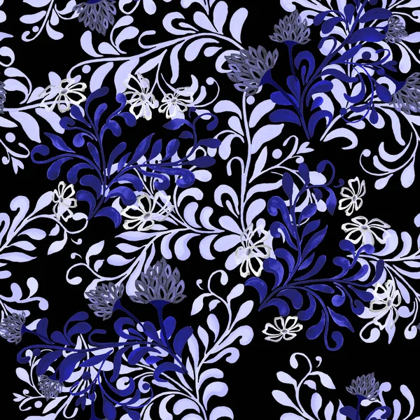 Siyah renkte suluboya çiçekleri olan soyut, dikişsiz desenler. Yüzey tasarımı için güzel kırsal baskı.