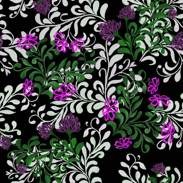 要旨黒色の水彩輪郭の花を持つ花のシームレスなパターン 表面のデザインのための美しい素朴なプリント — ストック写真