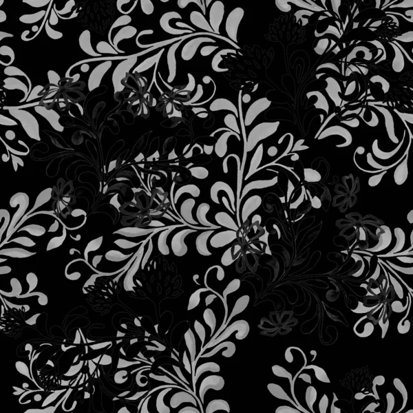 抽象水彩輪郭の花と花のシームレスなパターン 表面デザインのための美しいモノクロプリント — ストック写真