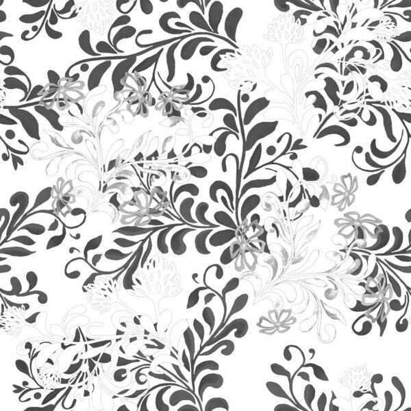 Абстрактный цветочный узор с акварельными контурными цветами. Красивая монохромная печать для дизайна поверхности.