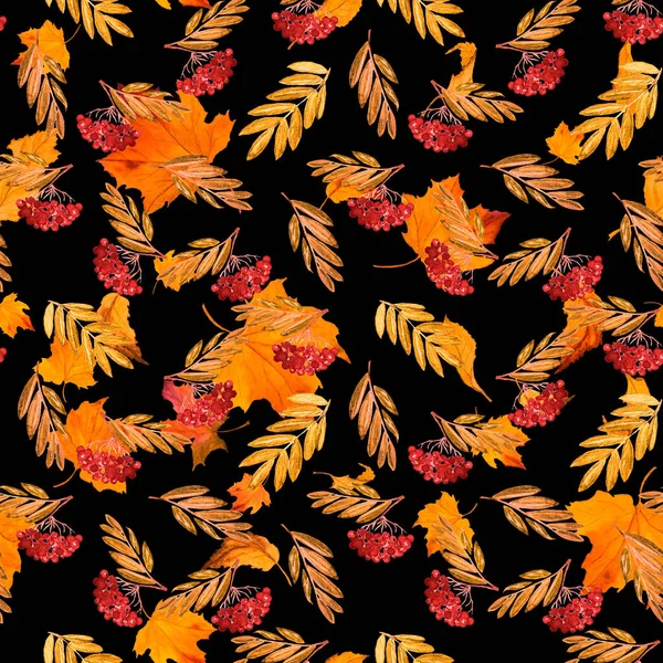 Wzór Bezszwowy Akwarela Gałązką Łabędzia Opadające Liście Czarny Piękny Jesienny — Zdjęcie stockowe
