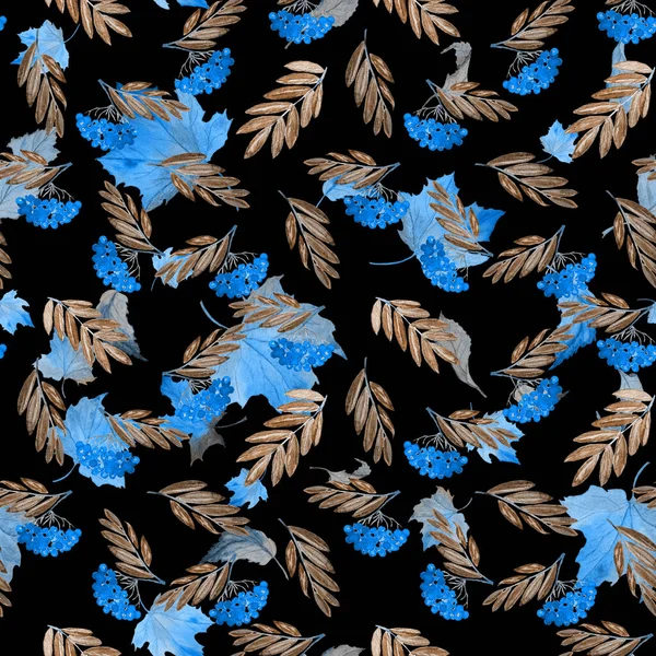 Aquarell Nahtloses Muster Mit Ebereschenzweig Und Fallenden Blättern Auf Schwarz — Stockfoto